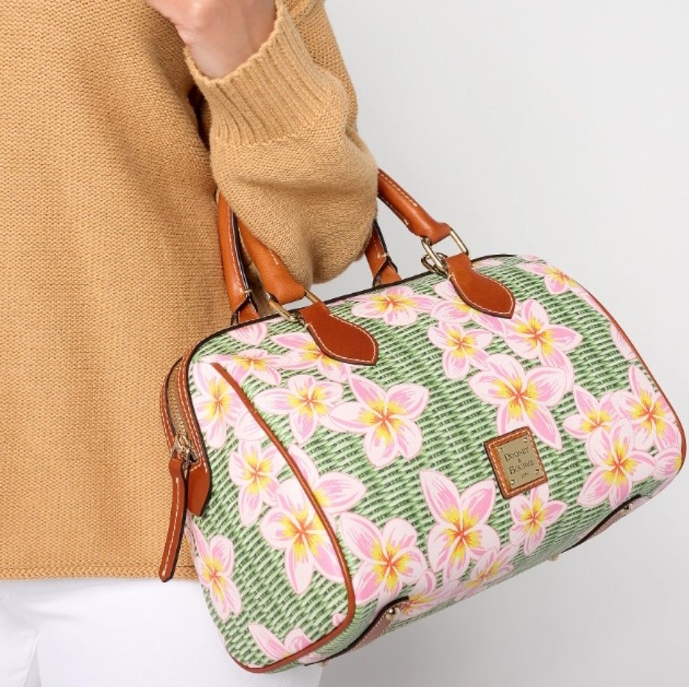 Dooney & Bourke Coated Cotton Plumeria Barrel Satchel, Pink/Green - Picture 2 of 16